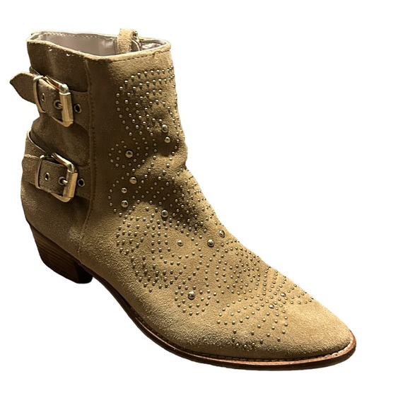 ZARA Tan Suede Gold Studded Point Toe Side Zip Double Buckle Bootie-Size 7.5 - Picture 4 of 16
